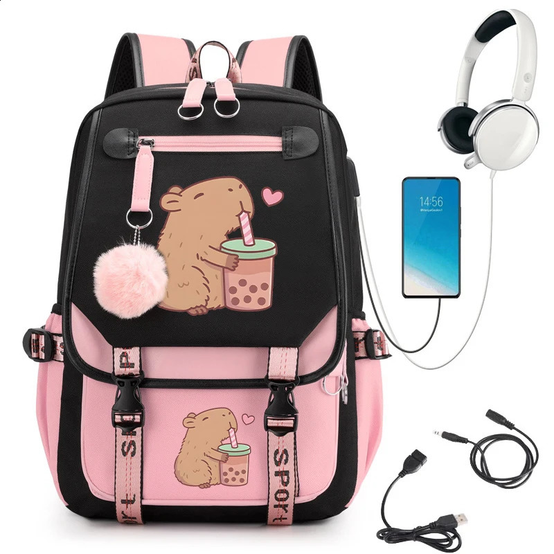 Youth Backpack Kawaii Capybara Bpba Tea School Girls Childrens Usb Rechargeable 240822