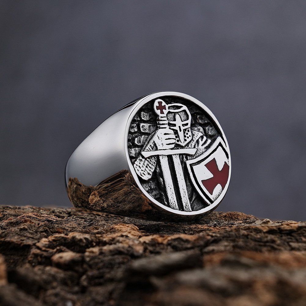 Vintage Knight Cross Casting Ring Titanium Steel Red Oil Drip Mens Jewelry