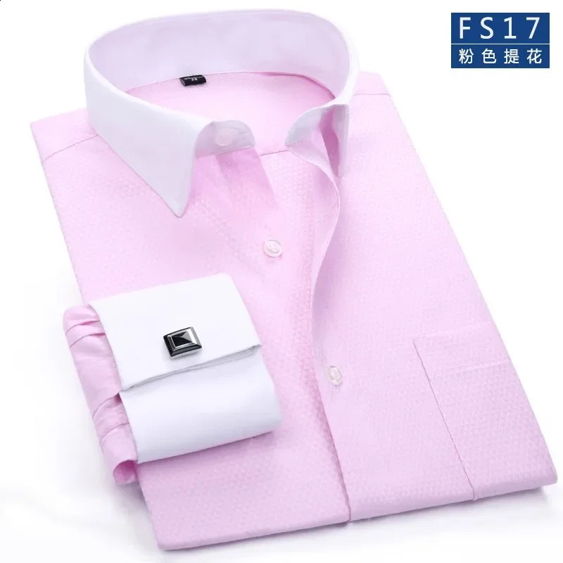 2025 Classic Regular Fit White French Cufflinks Mens Business Dress Long Sleeve Shirt Lapel Men Social Shirt 240822