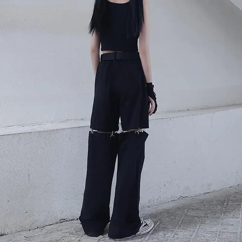 Black Pants Women Full-length Straight Wide Legs Cargo Hip Hop Holes Korean Fashion Baggy Y2k Zipper Pockets Patchwork Stylish 240821