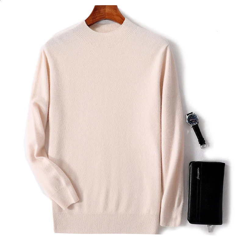 AutumnWinter 100% Pure Wool Casual Solid Color Mens Half High Collar Fashion Trend Knitted Bottom Sweater 240821