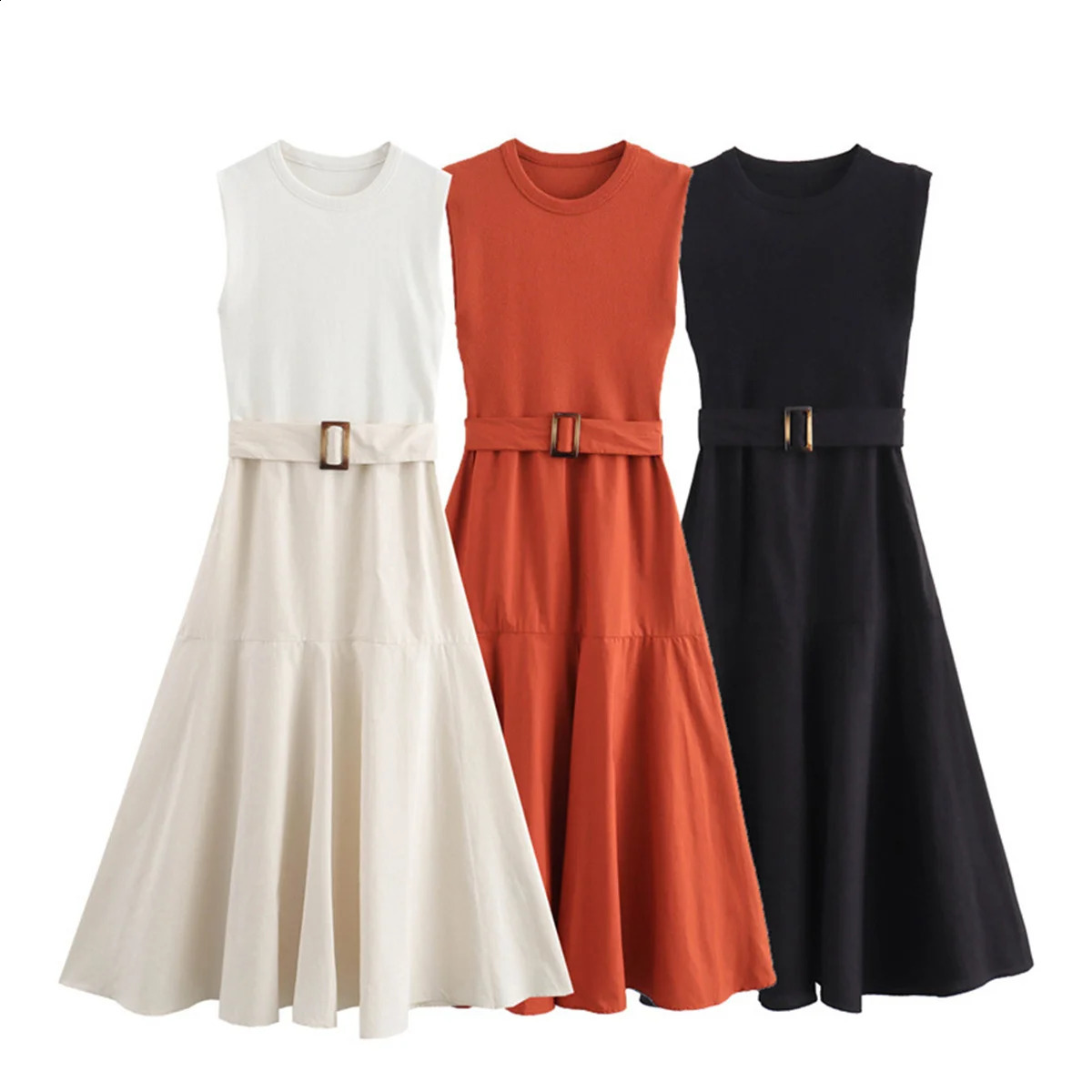 Fashion Knitted Dresses For Women Elegant Solid Belt Patchwork Midi Dress O Neck Sleeveless Vestidos Lady Party Streetwear