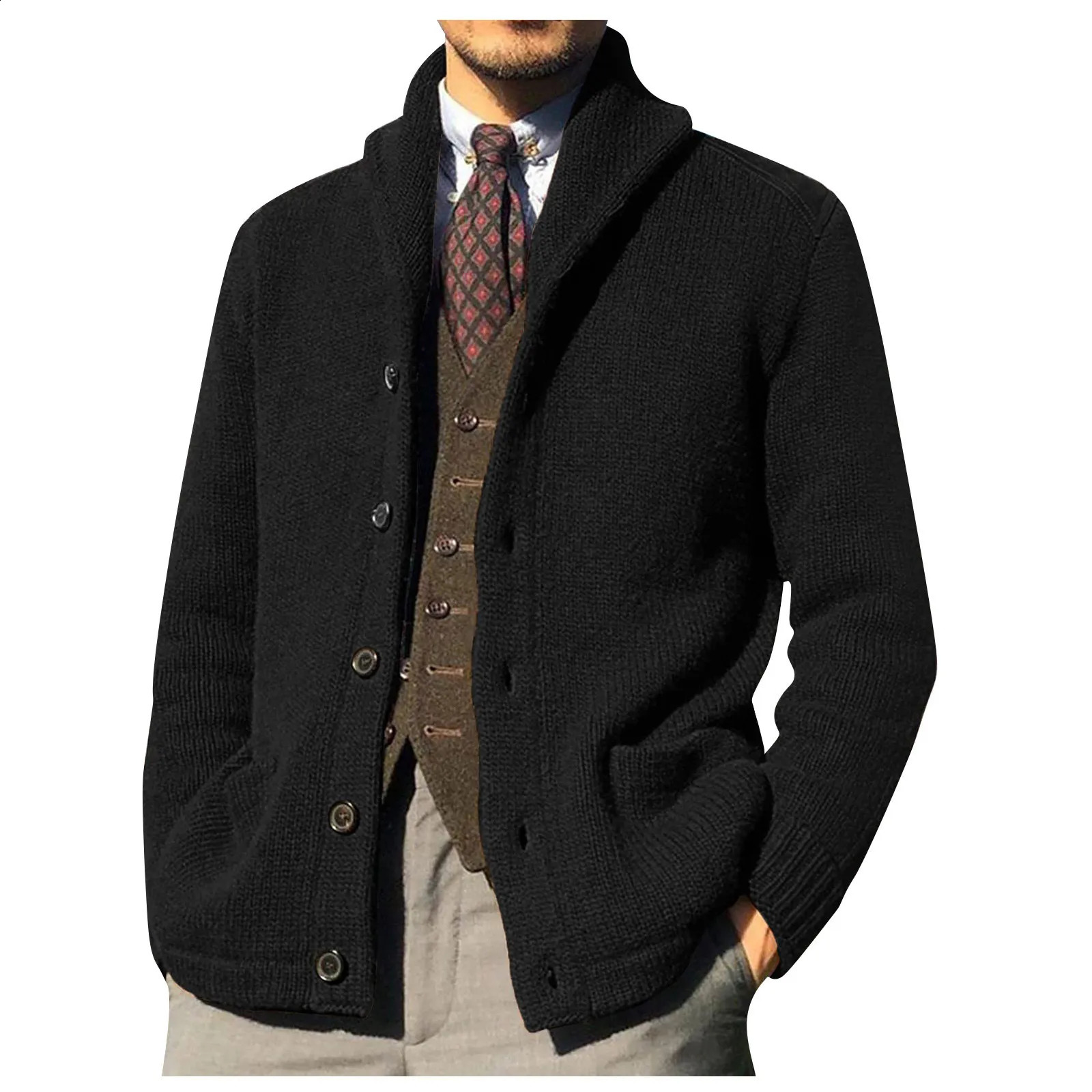 Mens winter cardigan solid shawl collar button down cable knit sweater casual jacket mens clothing 240821