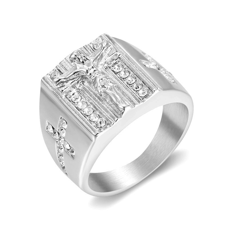Hip Hop Jesus Cross Ring 316L Stainless Steel 18k Gold Plated with Zircon Jewelry