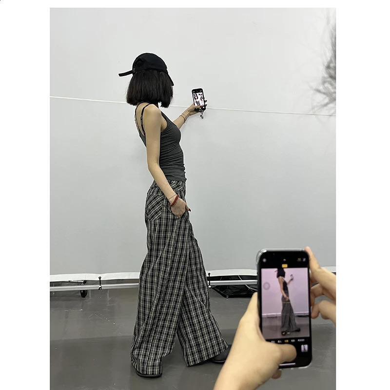 Deeptown Vintage Y2k Black Plaid Womens Casual Pants Harajuku Oversized Korean Fashion Trousers Baggy Autumn Wide Leg Slacks 240821
