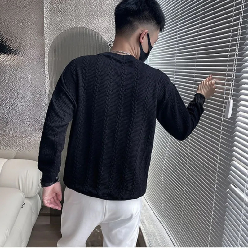 Mens Spring Autumn Fashion Simple Solid Color Pullover Round Neck Letter Casual Versatile Long Sleeve Loose Sweater Knit Tops 240821