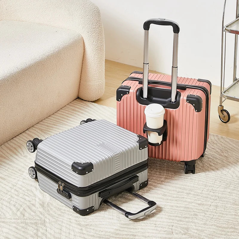 18-inch solid color minimalist trolley case business lightweight suitcase thickened suitcase with casters and cup holders 240821