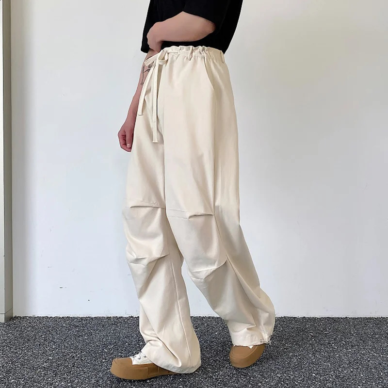 IEFB Pleated Mens Cargo Straight Pant Casual Drawstring n Solid Color Male Wide Leg Trousers Vintage Spring Chic 9C116 240822