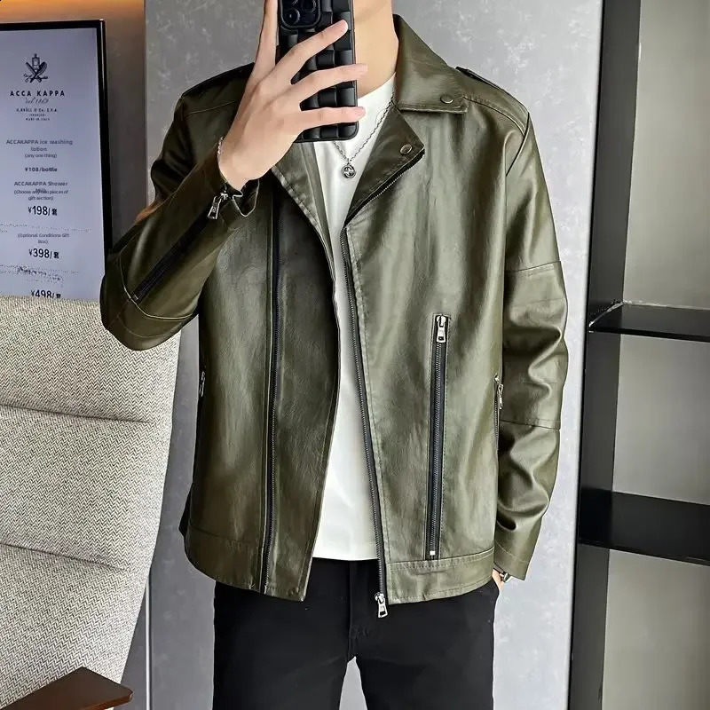 American Style Vintage Motorcycle Jacket Pu Leather For Men Trendy Casual Cropped Lapel Blazer Loose Fit Casual Scene 240822