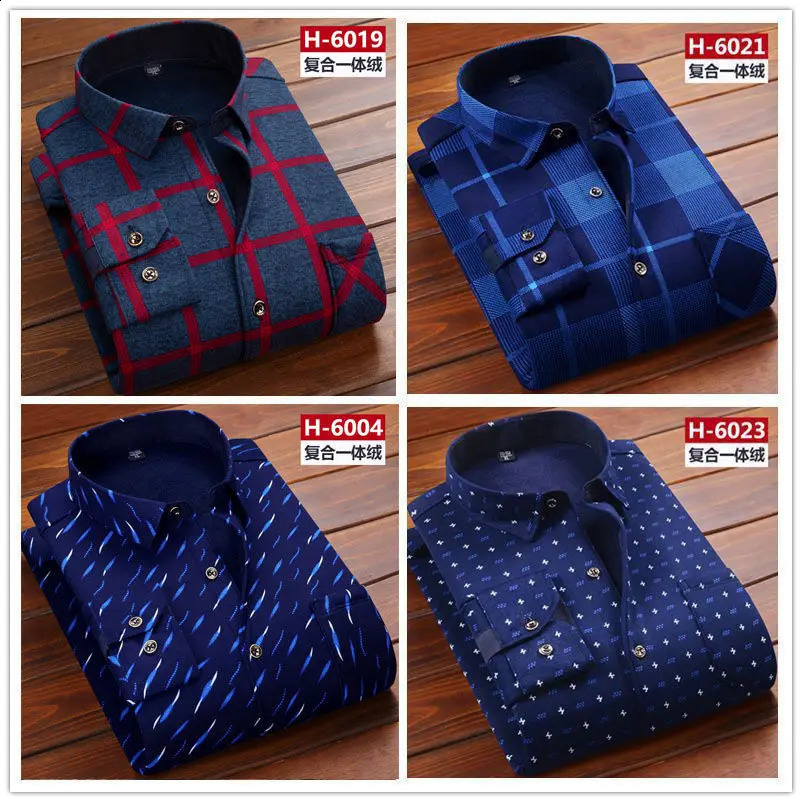 Autumn Winter Men Fleece Shirt Fashion Plaid Thick Keep Warm Shirt Male Print Long Sleeve Business Big size Shirt L-6XL 240822