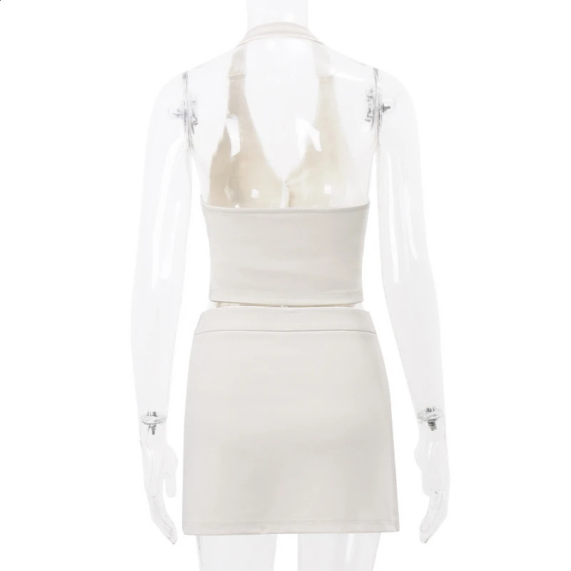 Fairycore Buttom Up Backless Halter Neck Crop Tops Mini Skirt Matching Suit Outfits sweet 2 Piece Skirt Set Streetwear 240813