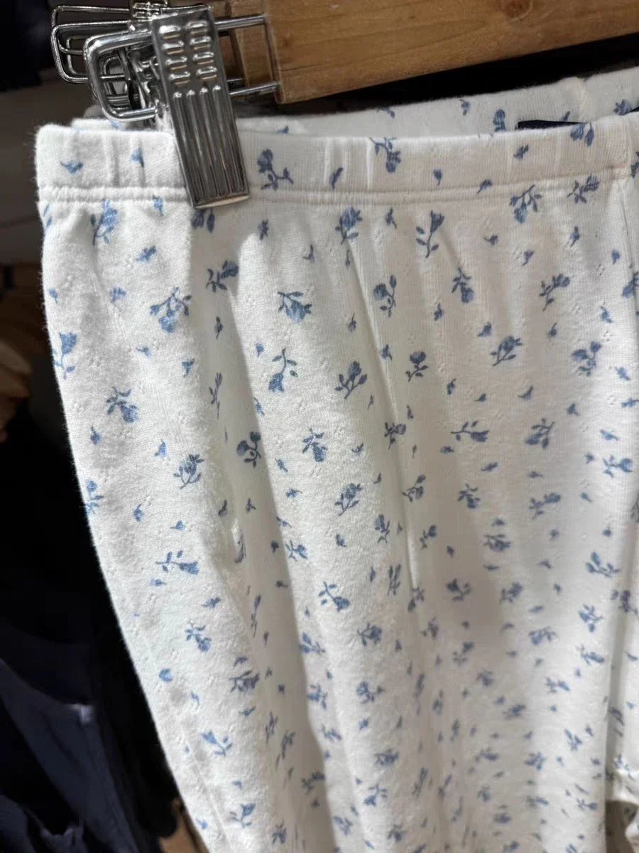 Women Blue Floral Eyelet Straight Long Pants Summer High Waist Casual Wide Leg Trousers Vintage Cotton Home Pajama Pant Y2k 240821