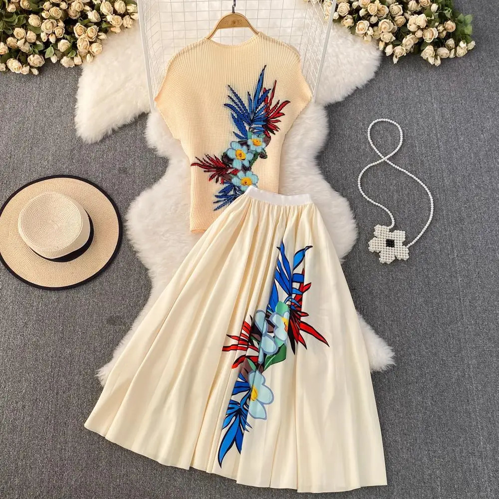 Miyake Pleated Suit for Women Summer Fashion Floral Printing Short Sleeve High Neck Top High Waist Skirt Two-Piece Set 240810