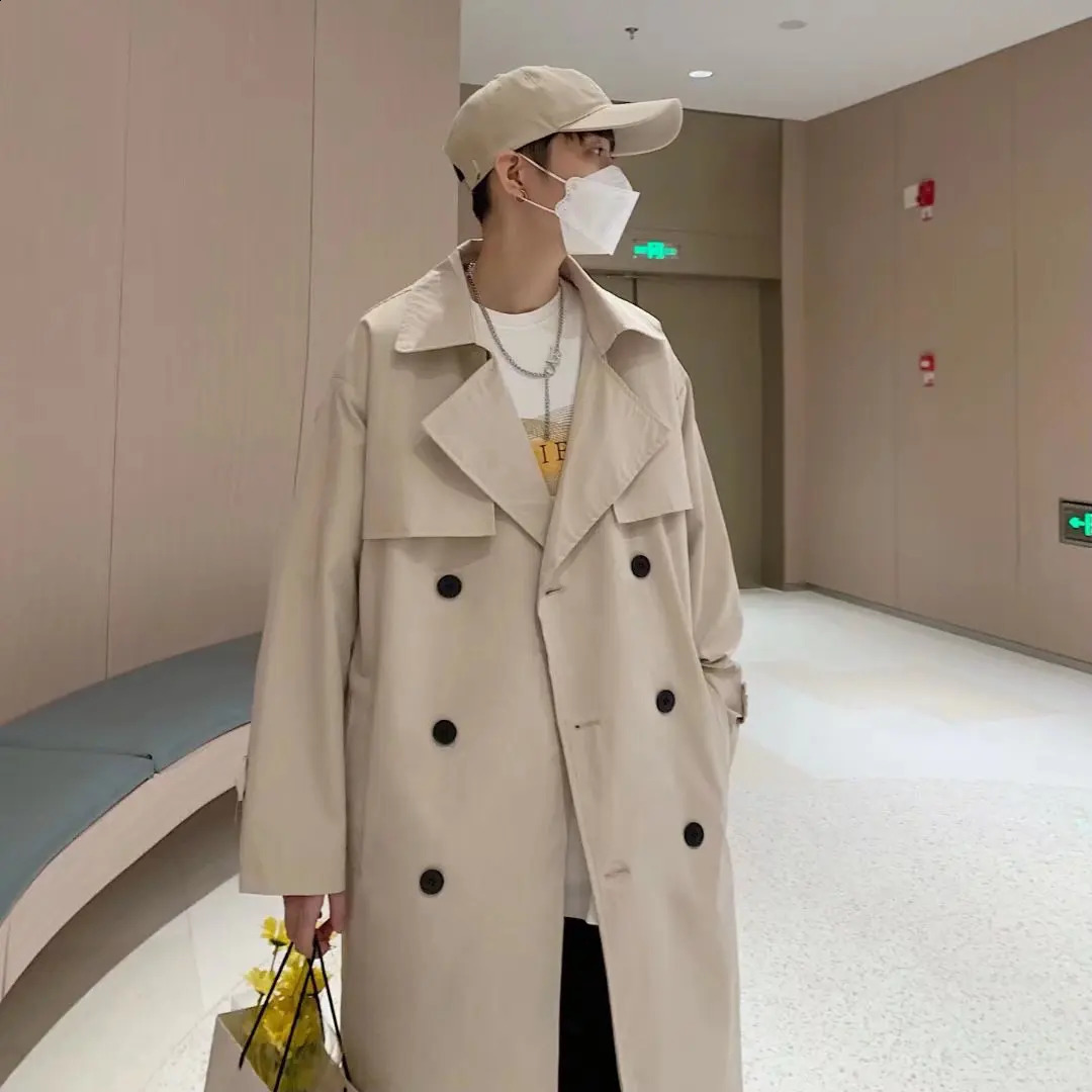Mens Long Casual Trench Coat Solid Color Double-Breasted Jacket Korean Trend Classic Casual Loose British Cape B35 240822