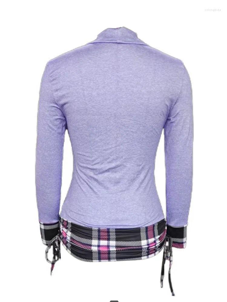 Women's Two Piece Pants Chic Purple Patchwork Plaid T-Shirt Slim Set Casual Fashion Autumn Sport Suit