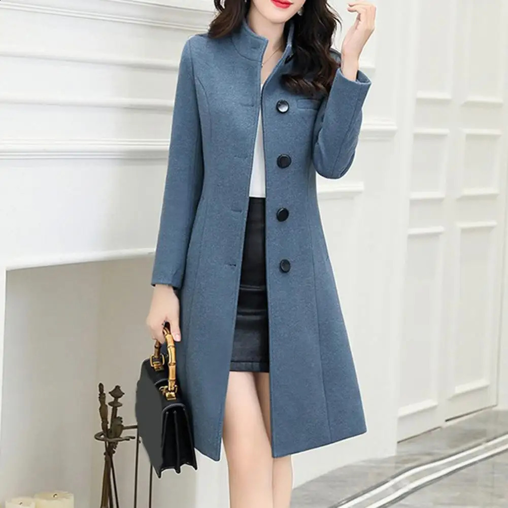 Stylish Women Woolen Coat Long Sleeve Autumn Winter Slim Fit Buttons Woolen Coat Elegant Women Overcoat for Office 240822