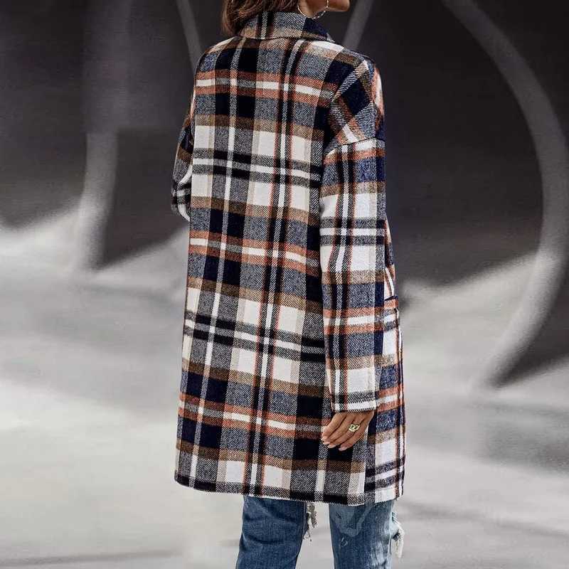 New Womens Plaid Shacket Jacket Casual Button Lapel Wool Blend Trench Coat with Pockets Long Sleeve Coat Outerwear CL240822