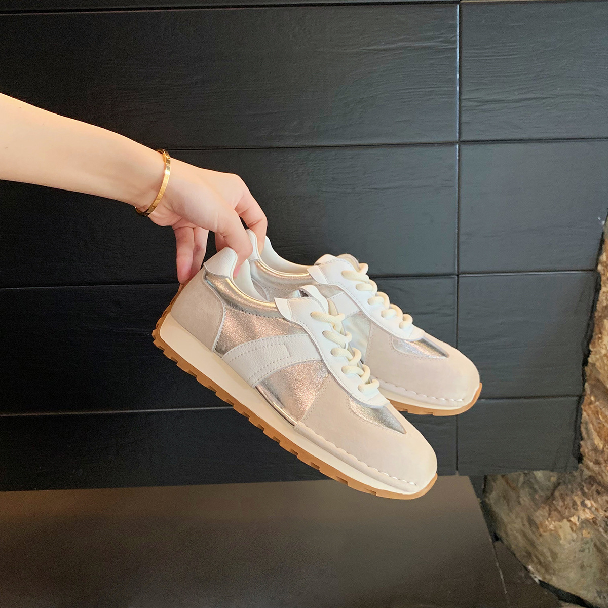 Ddmysports Cowhide Version Grape Mom Same Round Toe Lace Up Leather Thick Sole Height Increasing Sports And Leisure Training Shoes Women S Board OUTDO