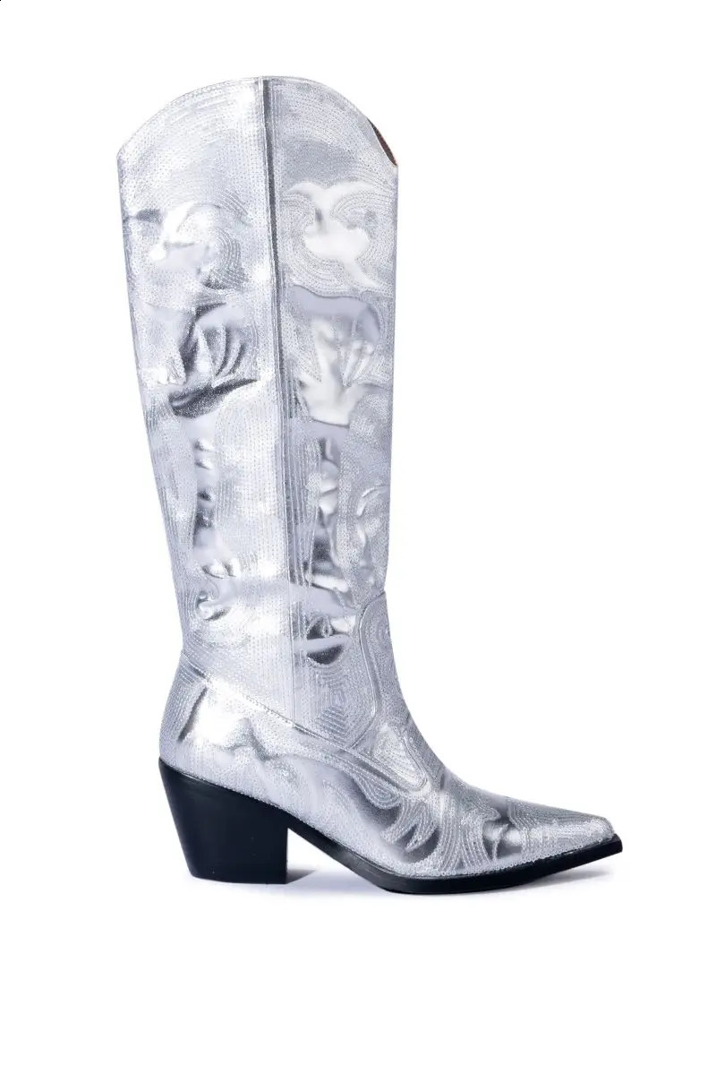 Metal Cowboy Boots Pink Western Cowboy Boots Womens Pointed Toe Stacked Heeled Mid Calf Embroidered Shoes 44 240823