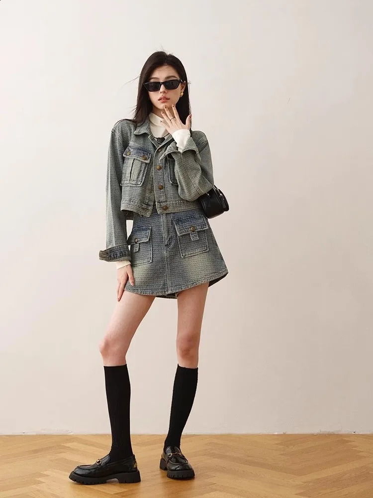 Womens cow fashion set retro n short jacket casual slimming short skirt two-piece set 240823