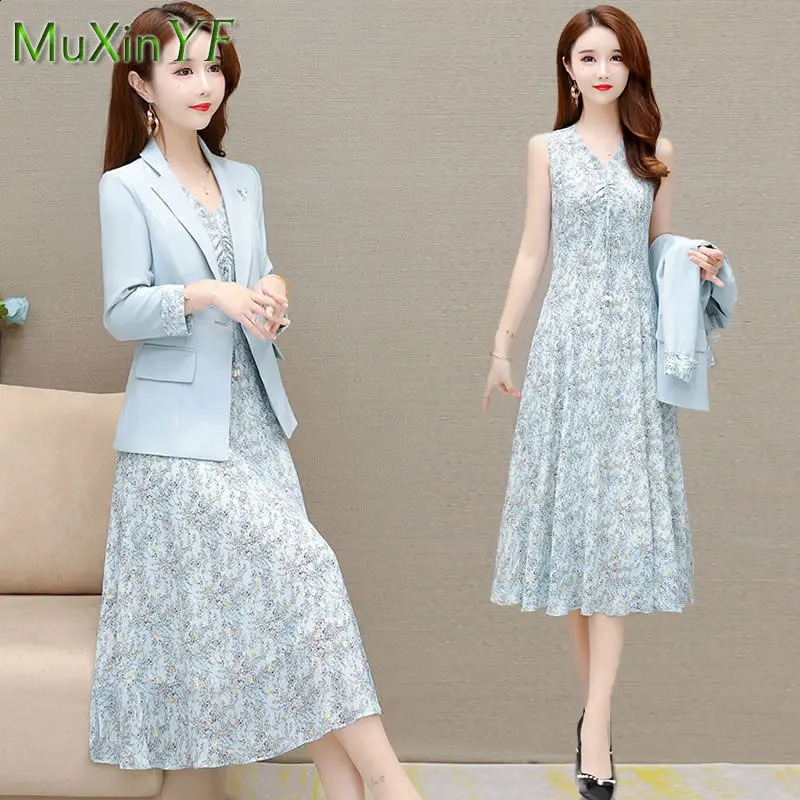 Spring and Autumn Suit Dress Two-piece Womens Elegant Blazers Floral Skirt Set French Fashion Office Professional Wear 240823