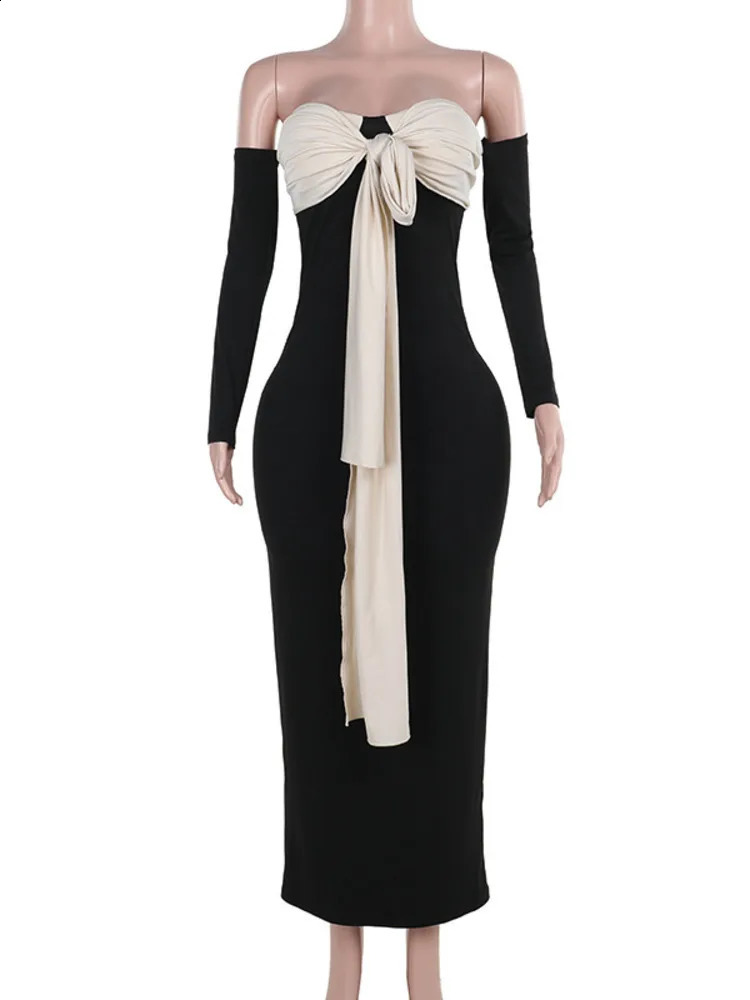 Mozision Patchwork Off-shoulder Sexy Maxi Dress For Women Gown Contrast Color Strapless Long Sleeve Bodycon Sexy Long Dress 240823