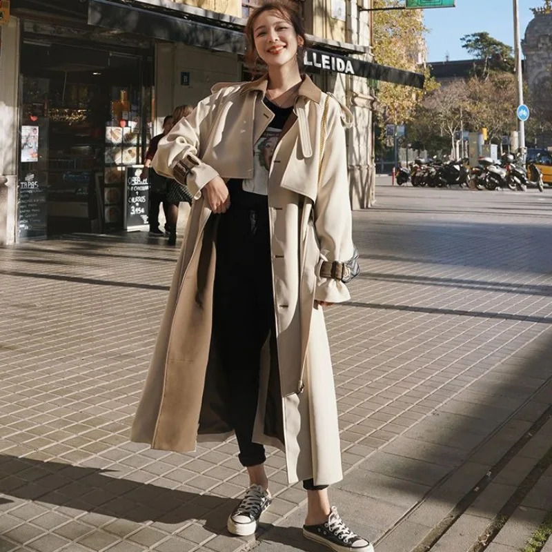 Spring Autumn High-grade Women Mid-length Over The Knee Relaxed Leisure Simple Slim Solid Color Trench Coat 240822