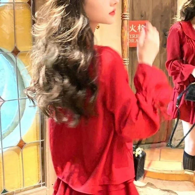 Elegant V-neck Ruffles Long Sleeve Tops Women Y2k E- High Waist Ruched A-line Skirts Spring Red Two Piece Sets 240823