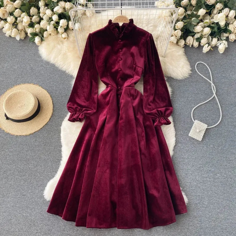 Sexy Bodycon Half High Collar Long Sleeve Velvet Dress Chic Elegant Vestidos Vintage Autumn Women Korean Fashion A-line Dress 240823