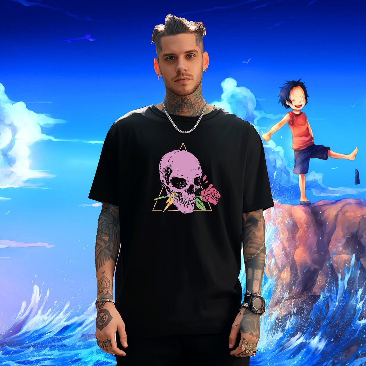 Loose Fit T Shirts Men 100% Cotton 230g skull Casual Graphic Round Neck Short Sleeve Men Clothes T-Shirt DIY Tees Shirts