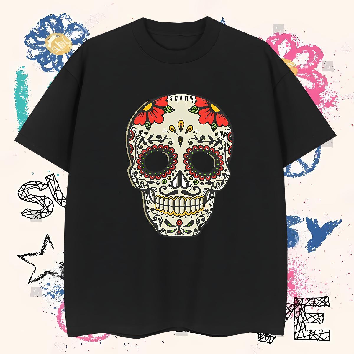 Comfortable Men T Shirts 230g 100% Cotton skull Street Floral Print O Neck Short Sleeves Tshirt for Man Woman 2024 Clothings