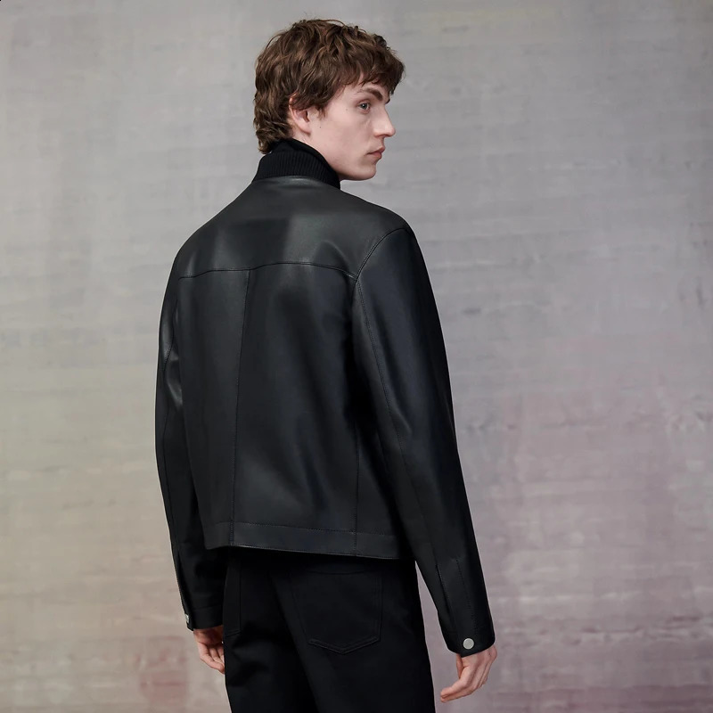 Mens Cowhide Jacket - British Fashion Handsome Black Sheepskin Zippered Stand-Up Collar High-Quality Custom n 240822