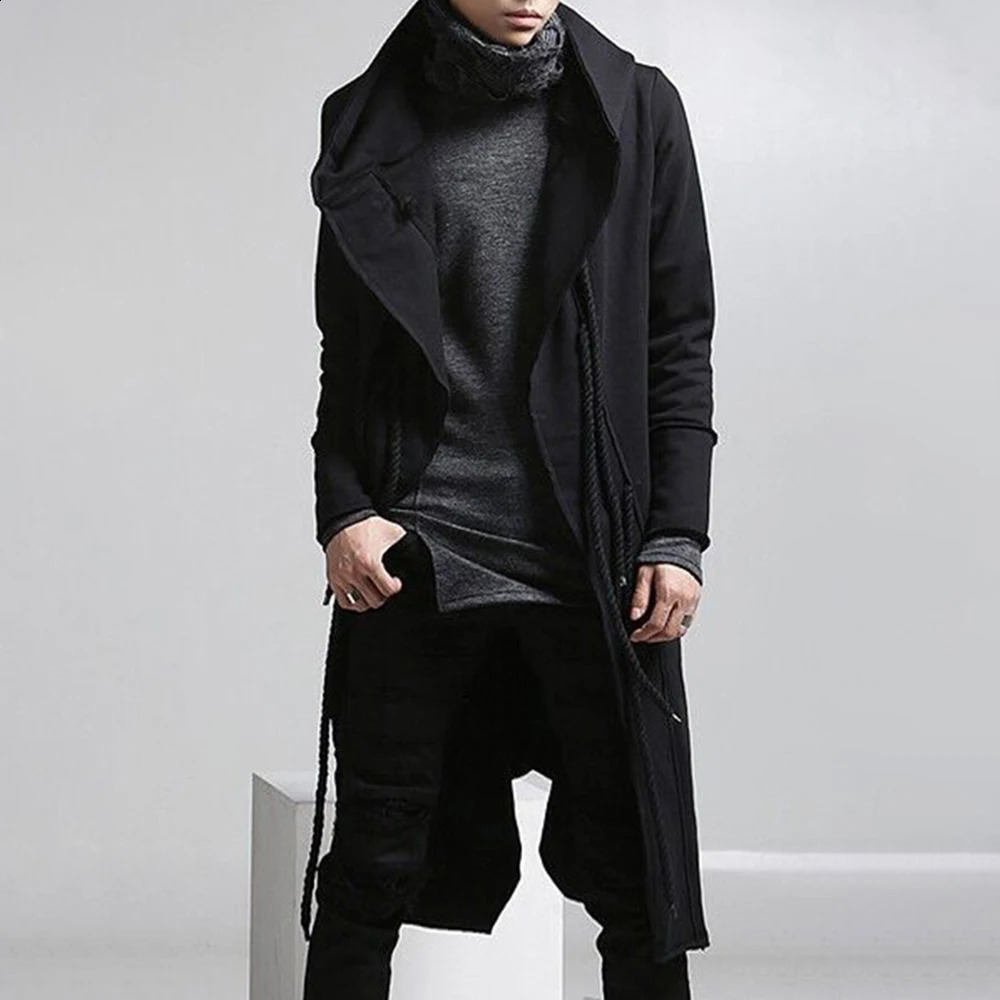Mens Trench Coat Korean Style Dark Style Autumn And Winter Handsome Windbreaker Hip-Hop Mid-Length Trendy Mens Hooded Sweatshirt 240822