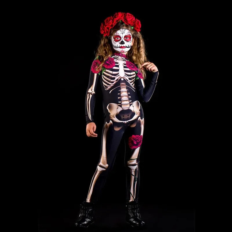 Rose skeleton adult childrens horror costume Halloween dress cosplay sexy jumpsuit carnival party baby girl death day w240824