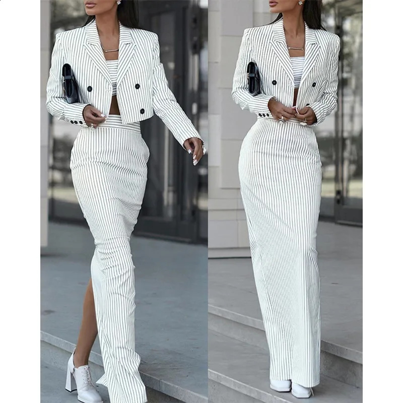 Spring Summer Striped Slim Fit Suit Womens Fashion Double Breasted Turn-down Collar Blazer High Waist Slit Skirt Suit 240823