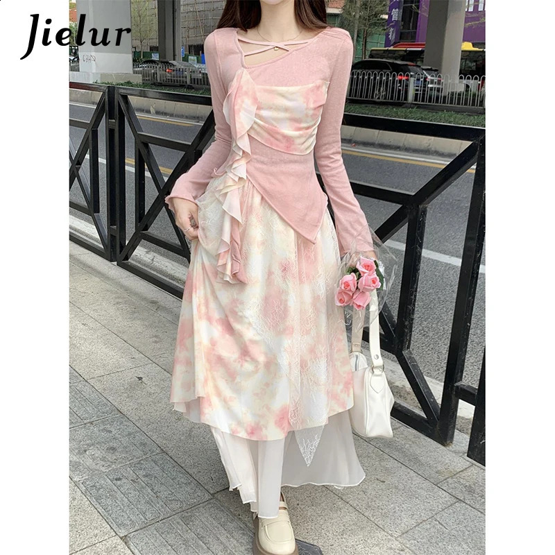 Jielur Spring Fashion Sweet Women Irregular Dress Retro Panel Long Sleeved Top Fragmented Flower Half Skirt Two Piece Set Dress 240823