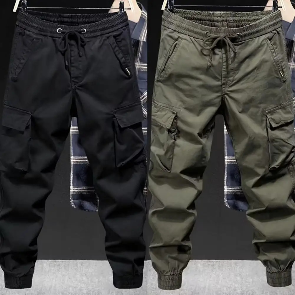 Elastic waistband pants breathable mens drawstring cargo elastic waist multiple pockets daily ankle strap 240823