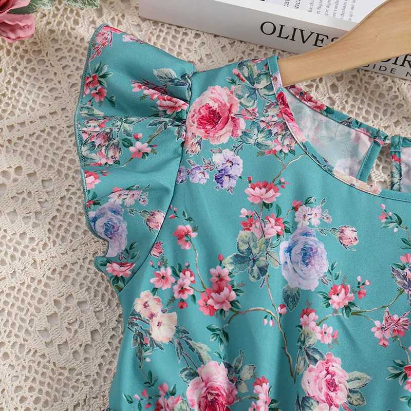 Childrens casual womens clothing summer new childrens fashion print blue A-line princess dress with 7-14Y W240823