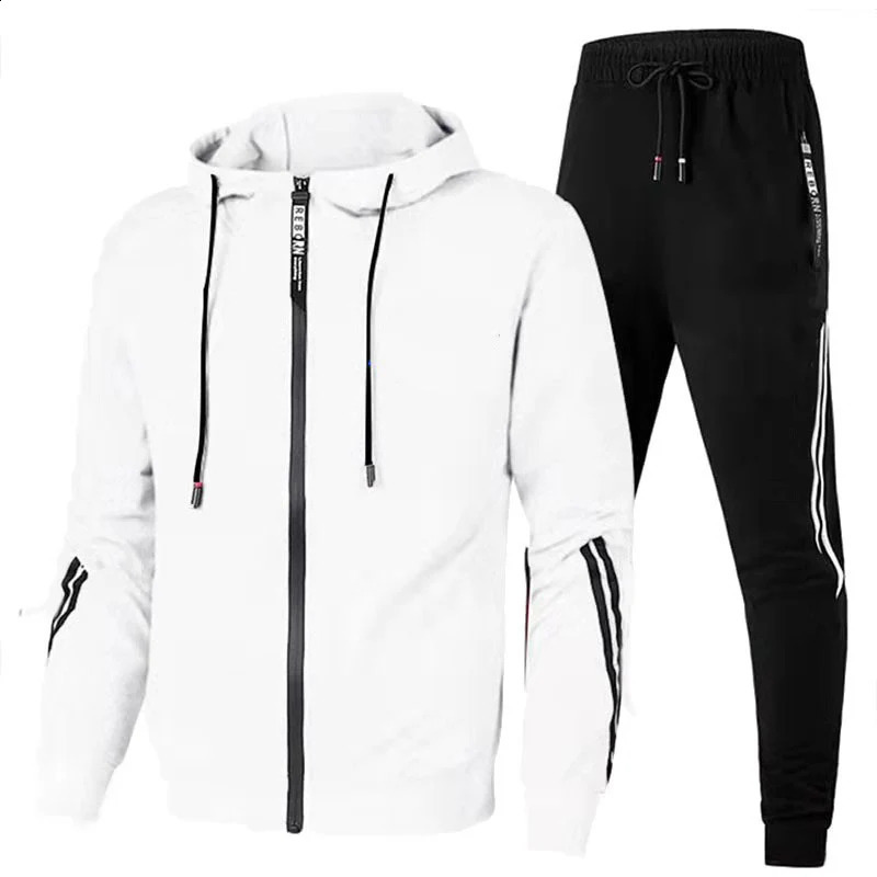 Mens autumn and winter sportswear casual outdoor zipper jacket sports pants jogging set mens wool hooded sweatshirt 240822