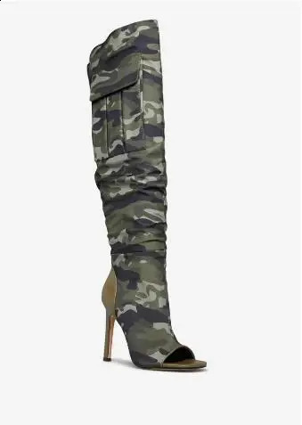 Camouflage military green peeping toe pocket knee high boots womens patch work slim high heels long fashion Botas shoes women 240823