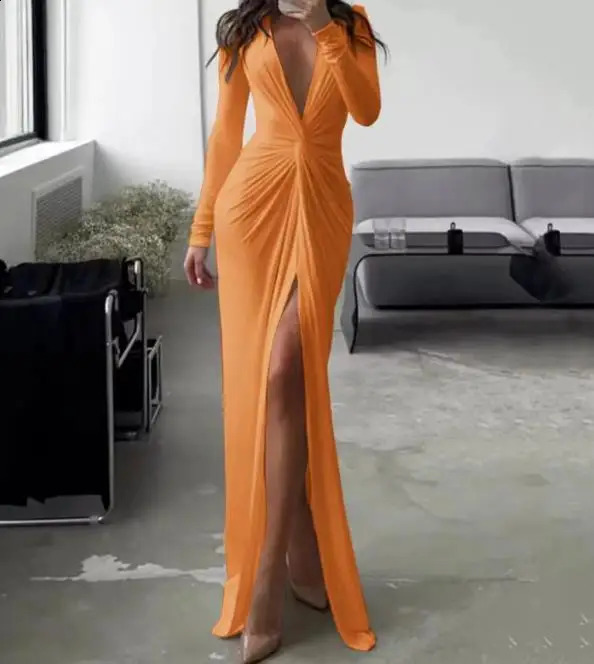Autumn Winter Spring Fashion Casual Sexy V-Neck Long Sleeve Solid Slim Pleated Dress Elegant Party Dresses for Women 240823