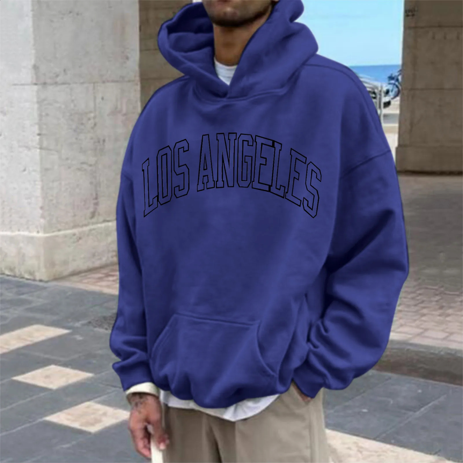 Men Hoodie Spring Autumn Hip Hop Los Angeles Printed Pocket Hooded Pullovers Oversize Streetwear Sports Hoodies Sweatshirts Male 240822