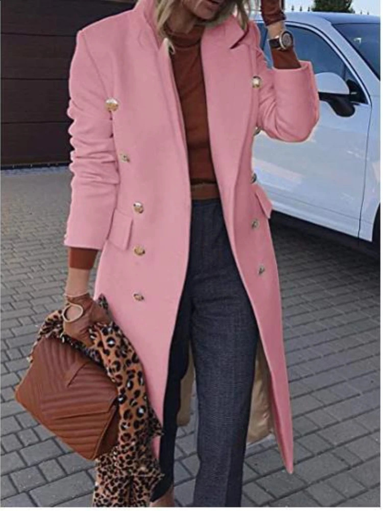 Women Jacket Lapel Wool Coat Autumn Winter Solid Double Breasted Topcoat Knee Length Plus Size Overcoat Full Sleeve 240822