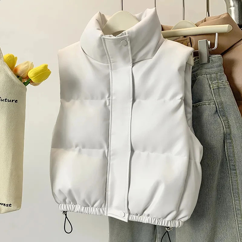 Winter Women Fashion Thick Warm Faux Leather Cropped Padded Waistcoat High Neck PU Vest Female Outerwear Chic Tops 240822