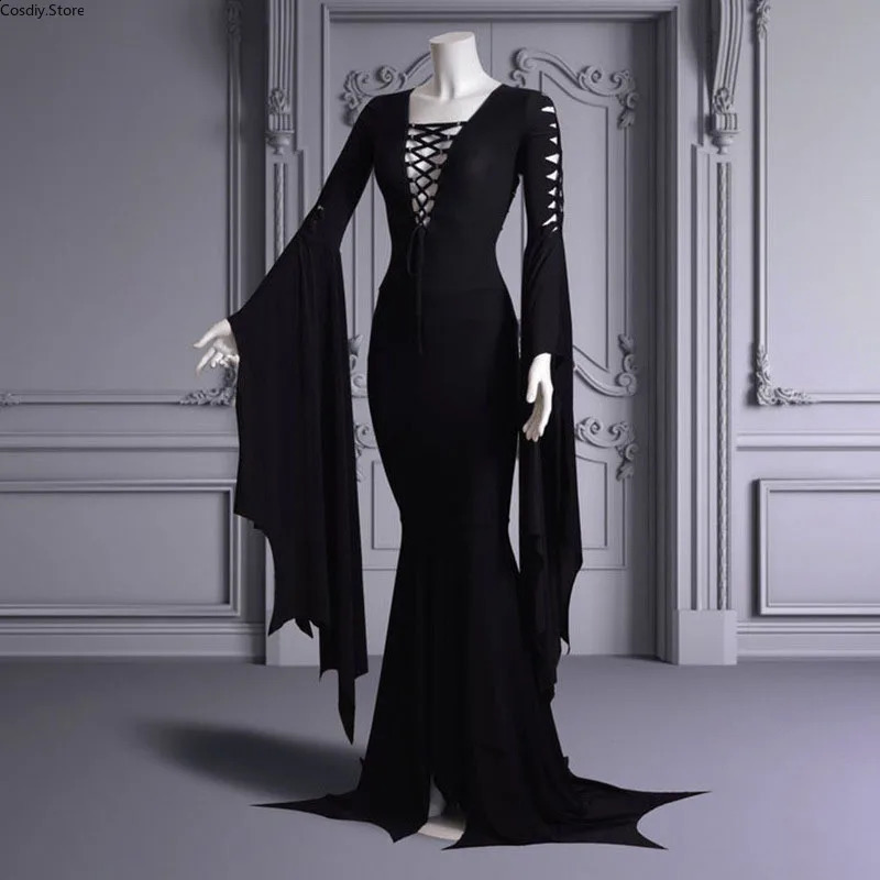 S-5XL sexy witch ghost Halloween costume Morticia Addam Gothic Maxi dress pagan elf black lace womens dress 240823