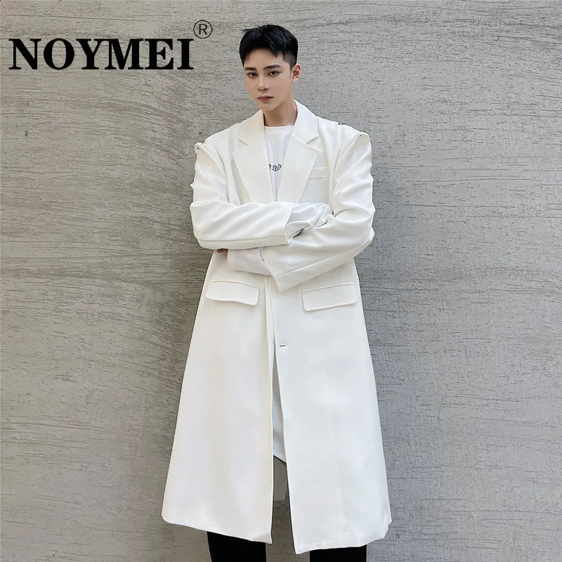NOYMEI Simple Solid Color Long Coat Mens Shoulder Buckle n Trench Fashion Turn-down Collar Temperament WA641 240822