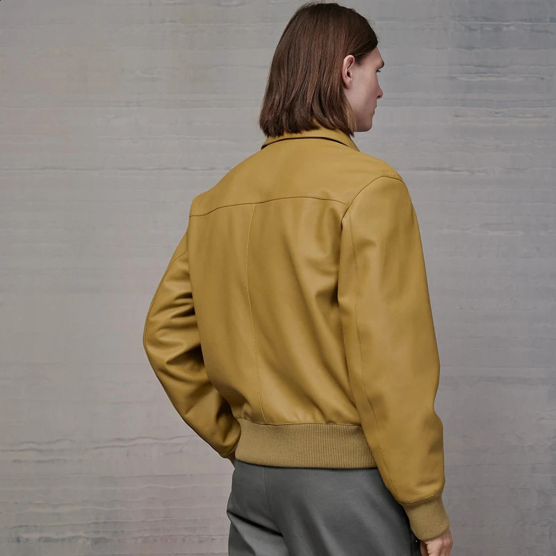 Mens Sheepskin Jacket - High-Quality Custom Yellow Genuine Leather Coat Fashionable and Handsome English Style 240822