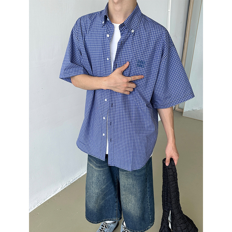 American Lazy Loose Blue Checkered Short Sleeved Shirt for Men New Versatile Casual Embroidered Shirt Trend