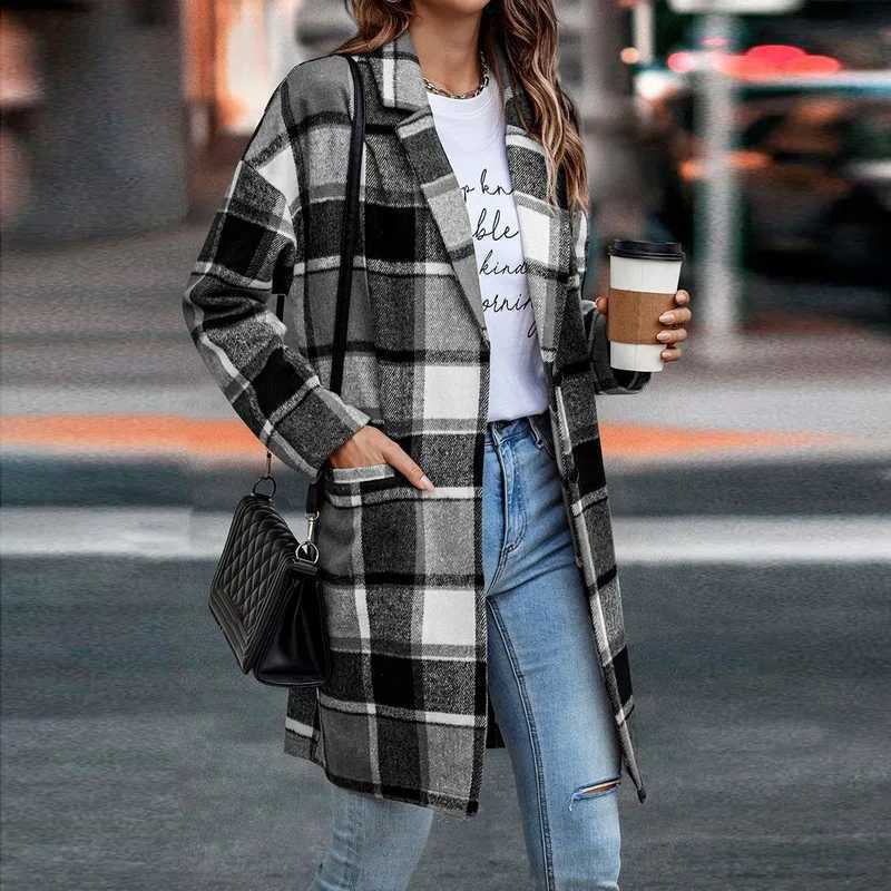 New Womens Plaid Shacket Jacket Casual Button Lapel Wool Blend Trench Coat with Pockets Long Sleeve Coat Outerwear CL240822