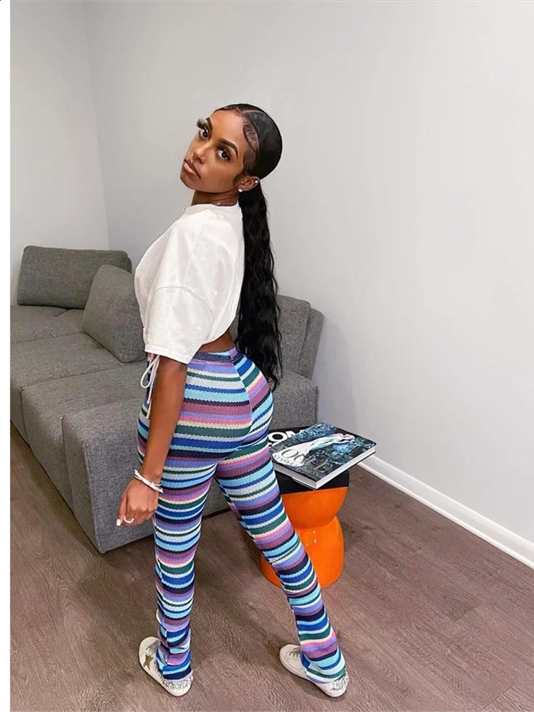 Weird Puss Colorful Striped Women Flare Pants Knitted Elastic Waist Skinny Summer Trendy Y2K Streetwear Daily Wild Bottoms 240823